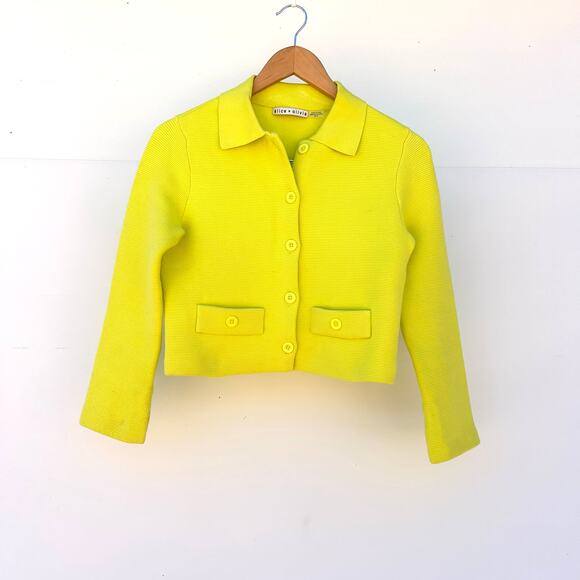 Alice + Olivia Ila Knit Neon Collared Cardigan Sweater Top Green Yellow XS - Picture 5 of 12